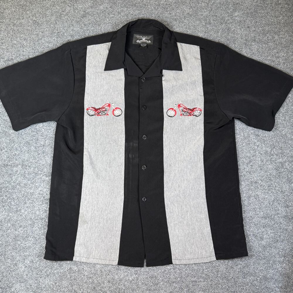 Vintage Chrome Eagle Men's Large Black and Gray Stripe Button Up Embroidered
